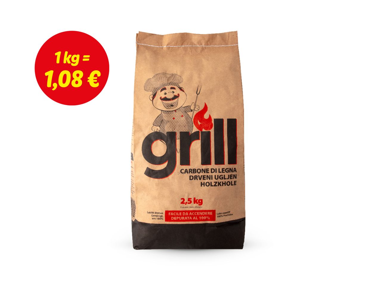 Vreća drvenog ugljena Grill od 2,5 kg, cijena 1 kg je 1,08 €.