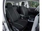 Capas de assento de carro: capas pretas com detalhes brancos.