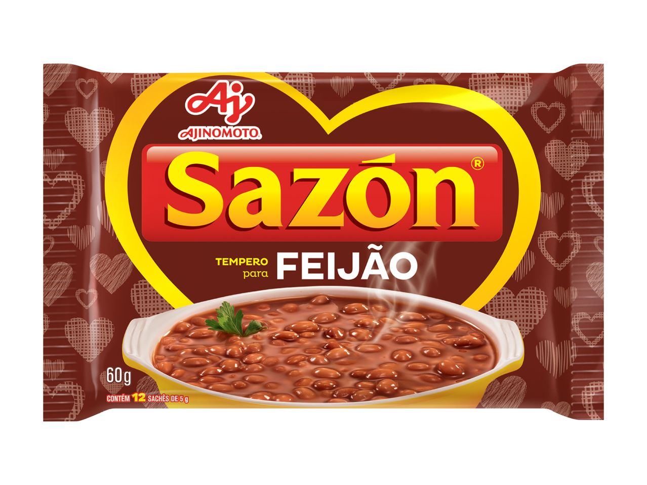 Seasoning for beans, with a bowl of cooked beans, on a heart-patterned background.