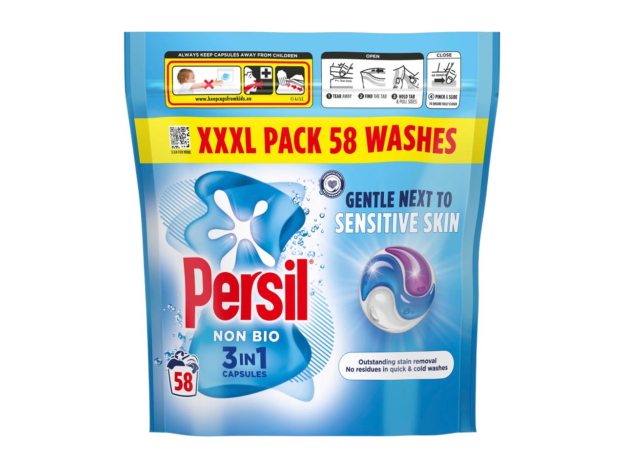 Persil laundry detergent capsules in an XXL pack for 58 washes, gentle on sensitive skin.