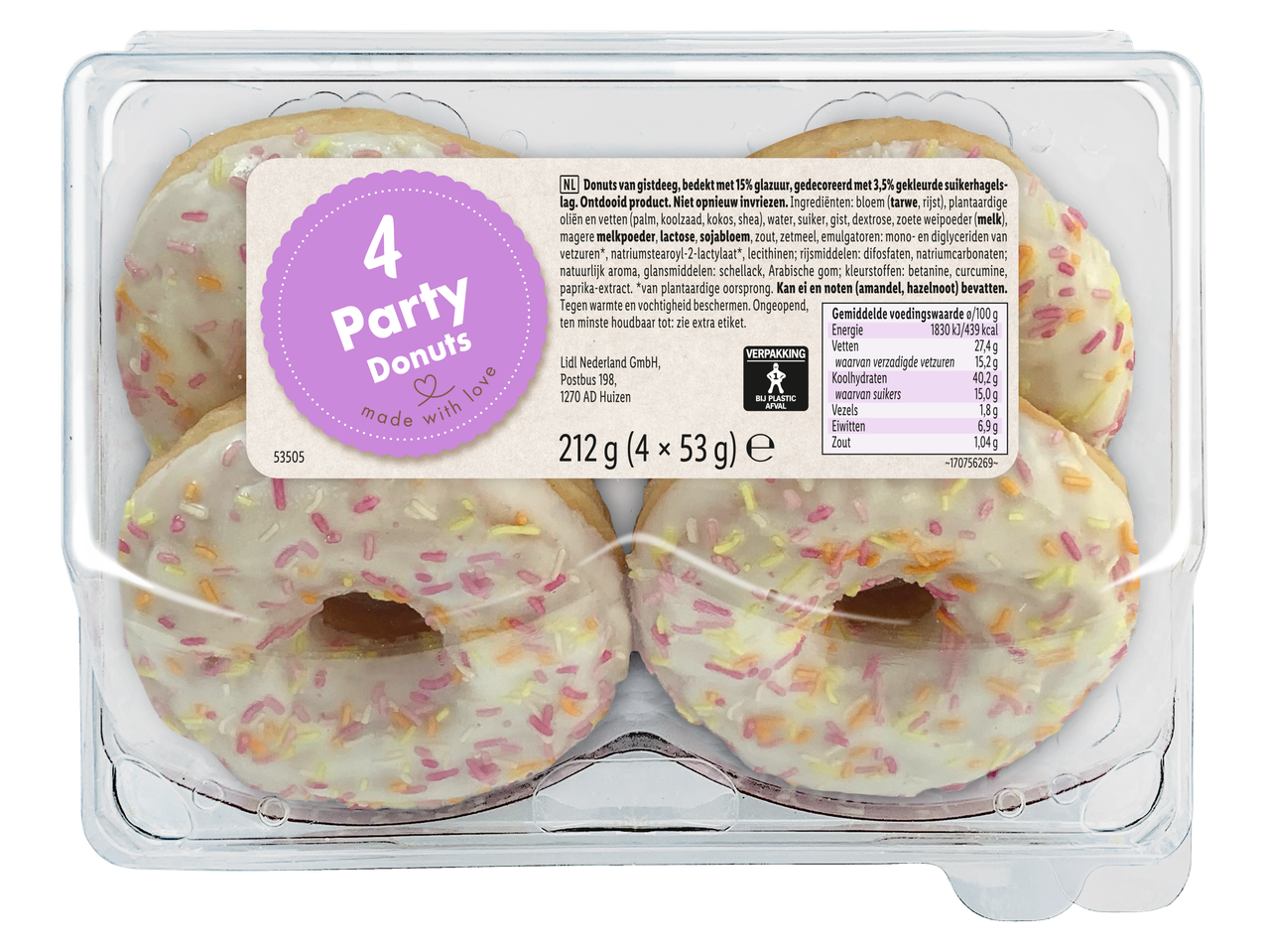 Lidl Party Donuts: Vier zoete donuts met spikkels, in een plastic verpakking.