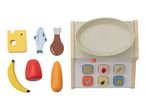 Wooden toy food items and a play scale with buttons featuring matching food icons.