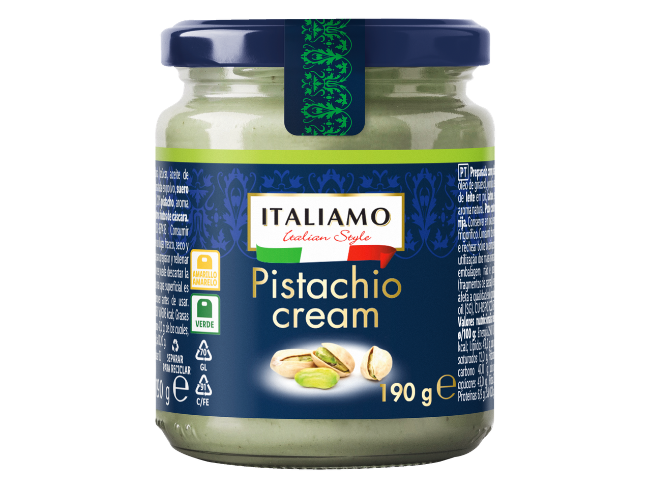 Pote de creme de pistache Italimo Italian Style de 190g.