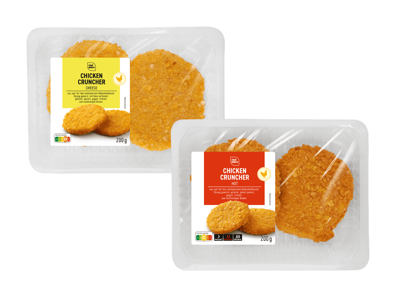 Zwei Chef Select Chicken Cruncher Packungen (Käse und Hot) mit je zwei panierten Hähnchen-Schnitzeln.