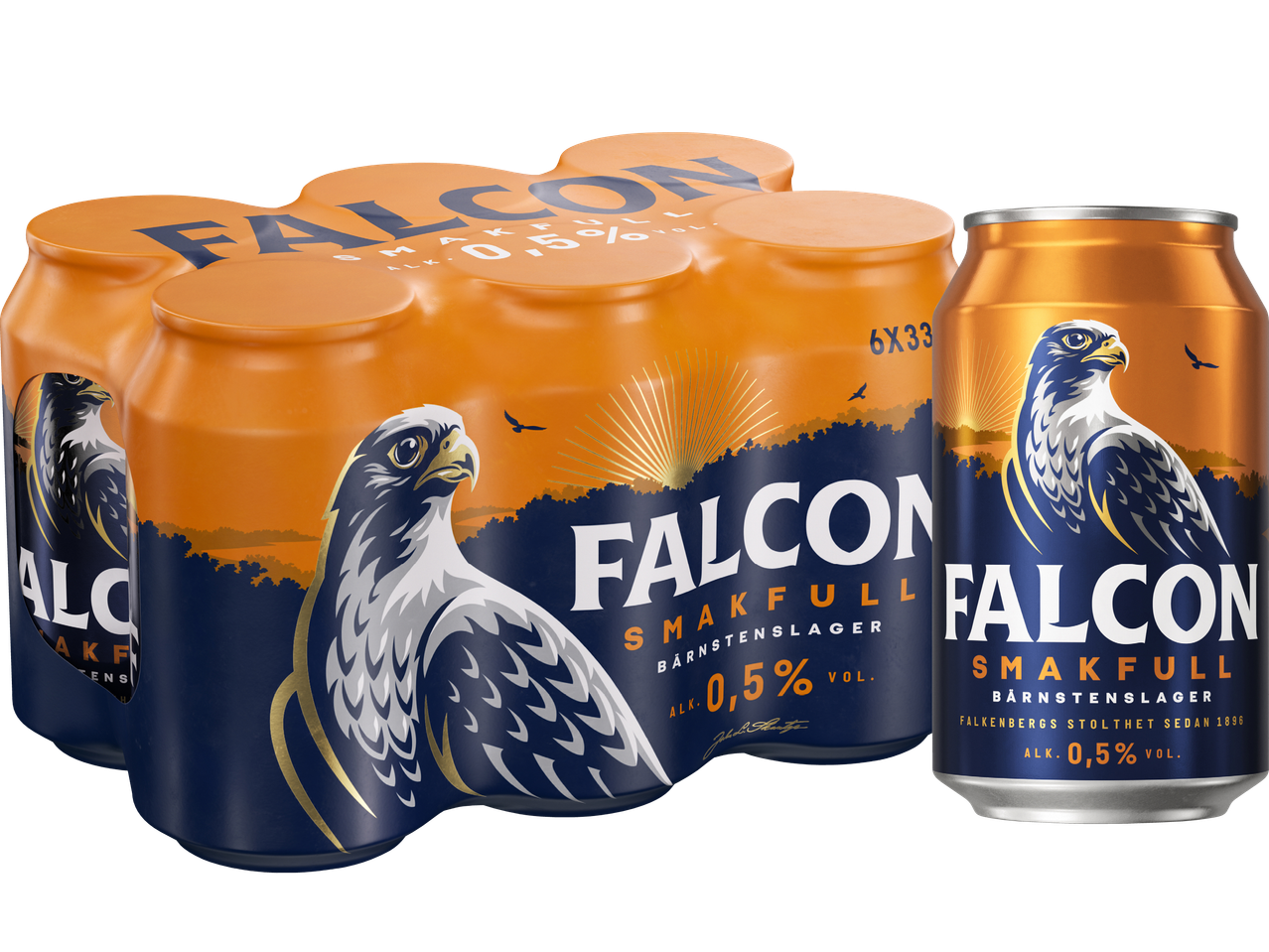 En sexpack och en lös burk Falcon Smakfull Bärnstenslager med 0,5% volymprocent alkohol.