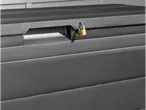 Gray plastic storage box with padlock.