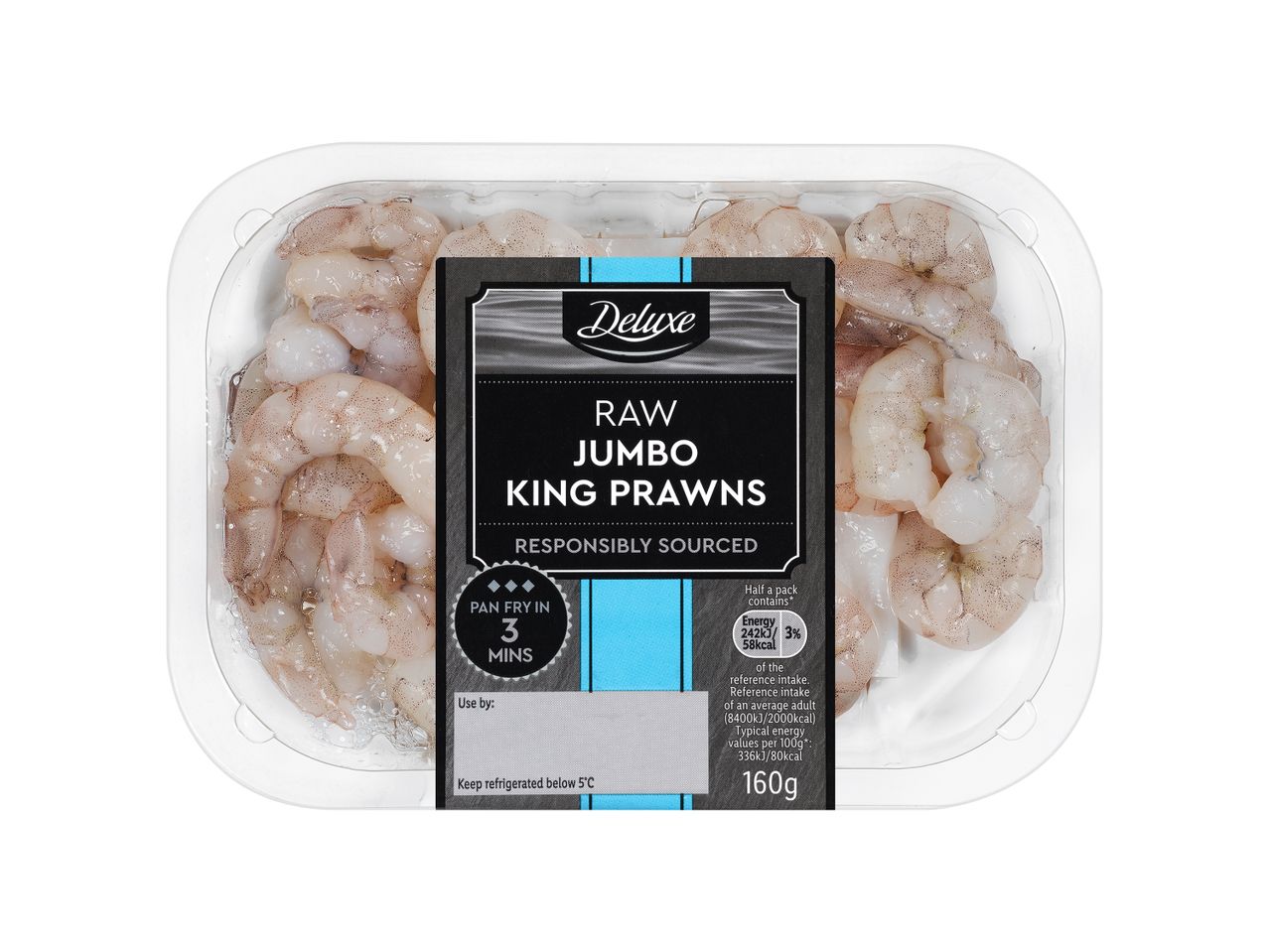 Deluxe raw jumbo king prawns, ready to cook.