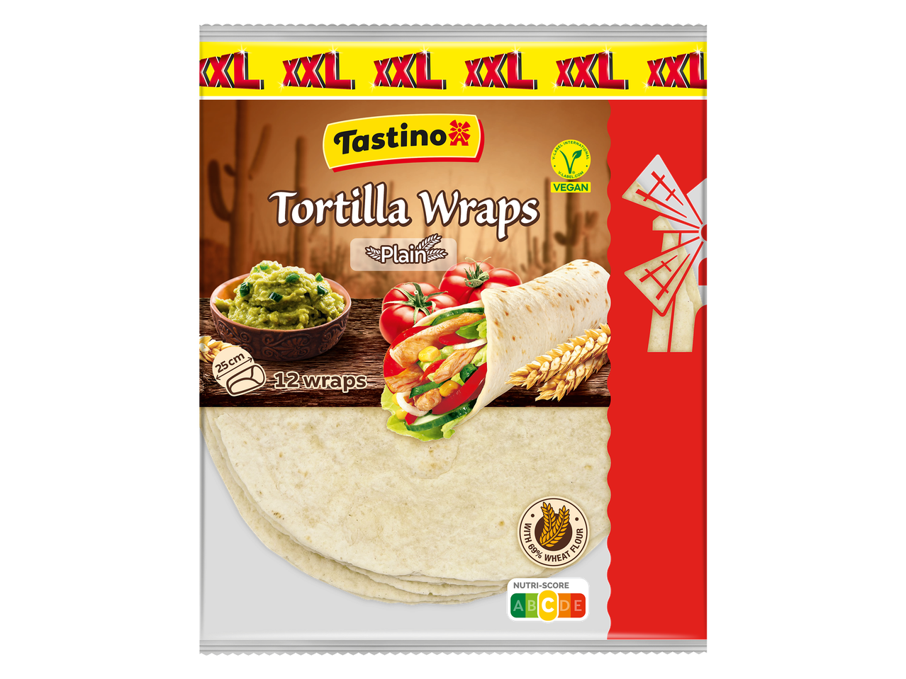 Paquet de tortillas nature, 12 wraps de 25 cm, avec 69% de farine de blé, Nutri-Score A.