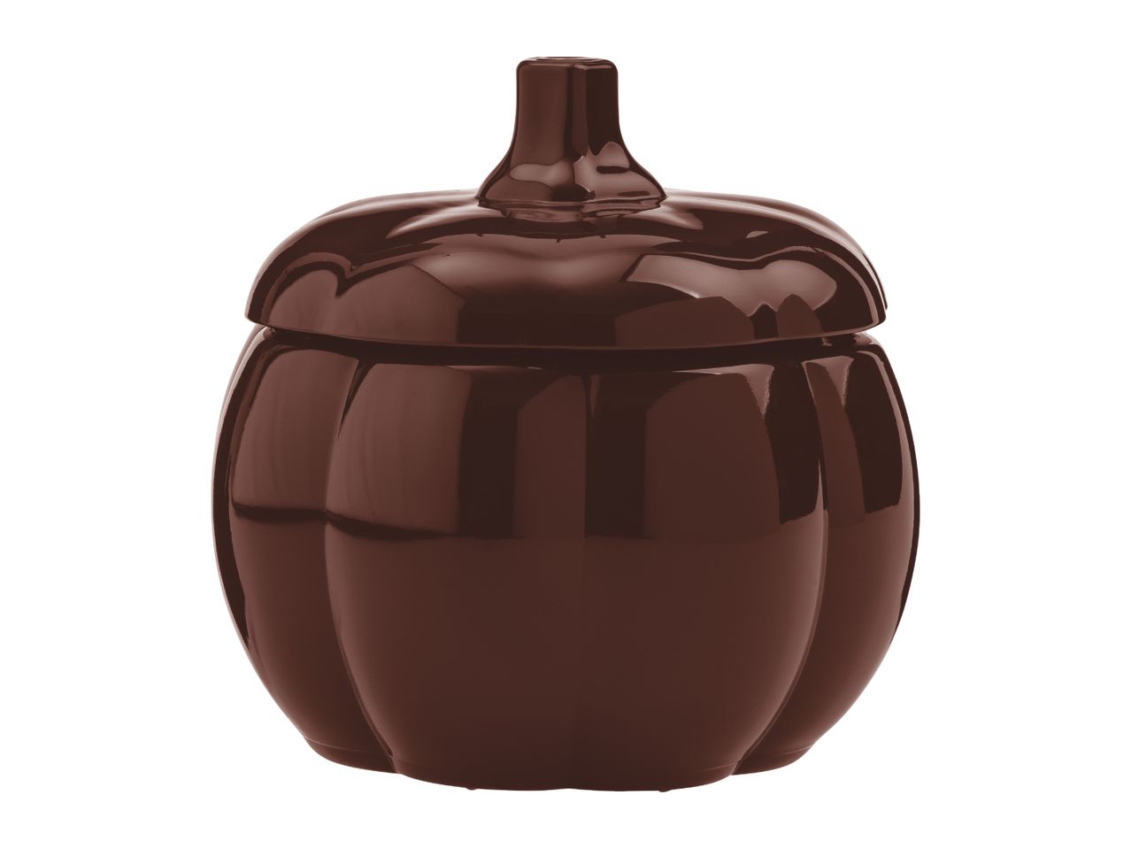 Brown pumpkin-shaped ceramic jar with a lid