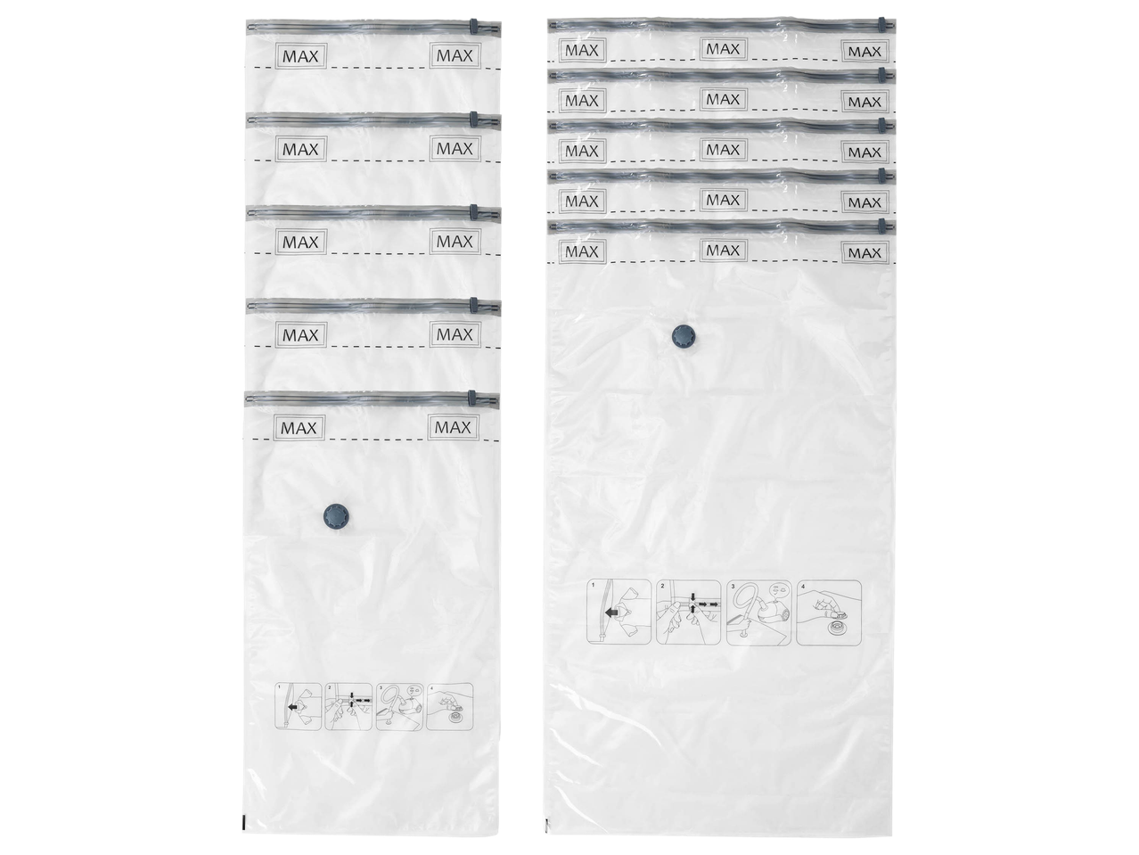 Two stacks of transparent vacuum storage bags with 'MAX' labels and usage instructions.