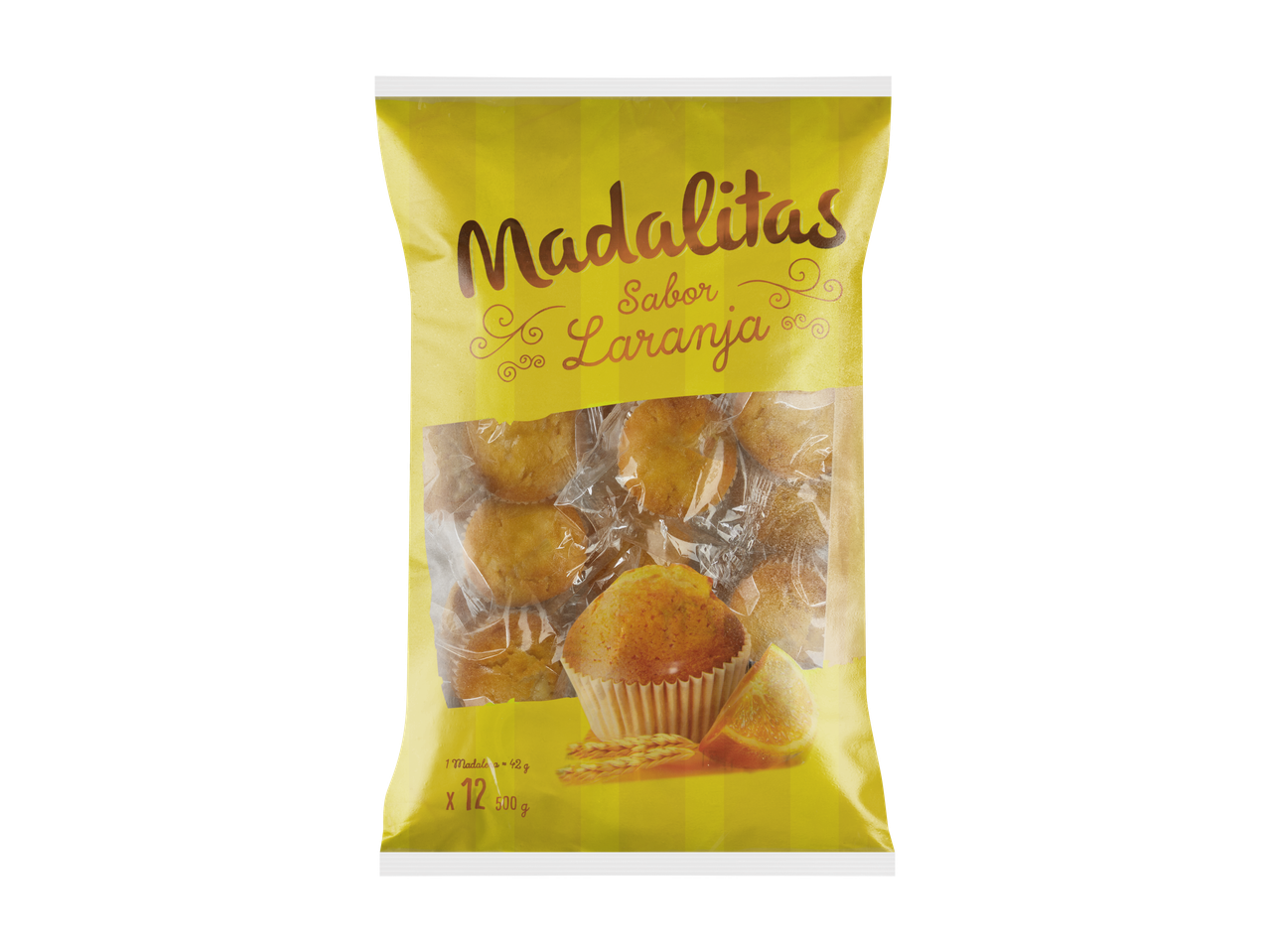 Saco amarelo de queques de laranja Madalitas, mostrando 12 queques e 500g.