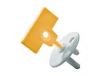 Yellow safety key and white child-proof plug cover for electrical outlets.