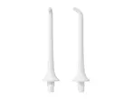 Two white water flosser nozzles, one straight and one angled, on a white background.