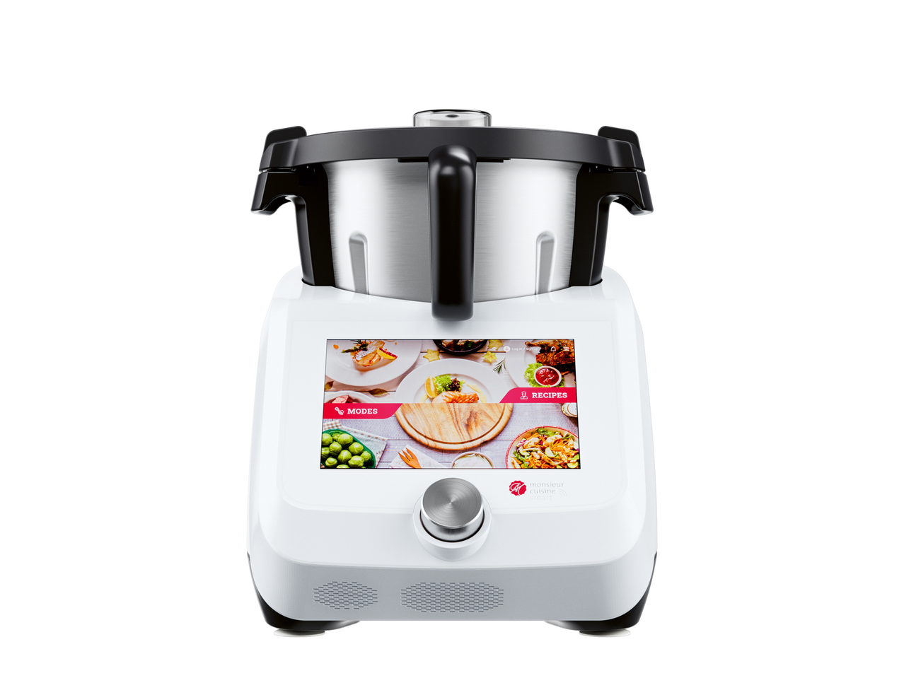 Λευκή έξυπνη κουζινομηχανή με μπολ από ανοξείδωτο ατσάλι και οθόνη αφής που δείχνει φαγητά.