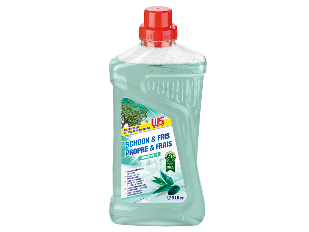 W5 allesreiniger met eucalyptusgeur in een 1,25-liter fles gemaakt van 100% gerecycled plastic.