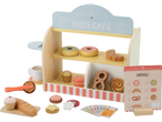 Conjunto de café infantil de madeira com doces e acessórios.