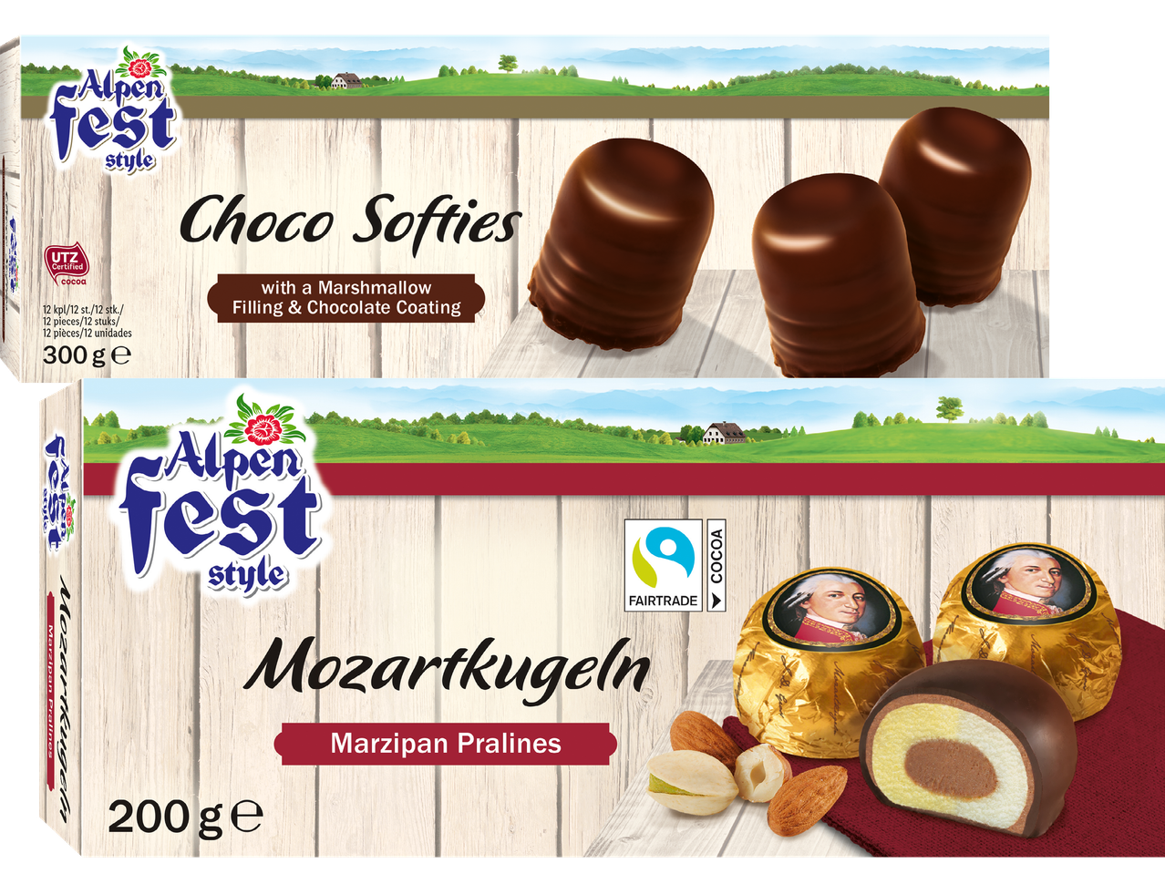 Alpen Fest Choco Softies och Mozartkugeln chokladpraliner.