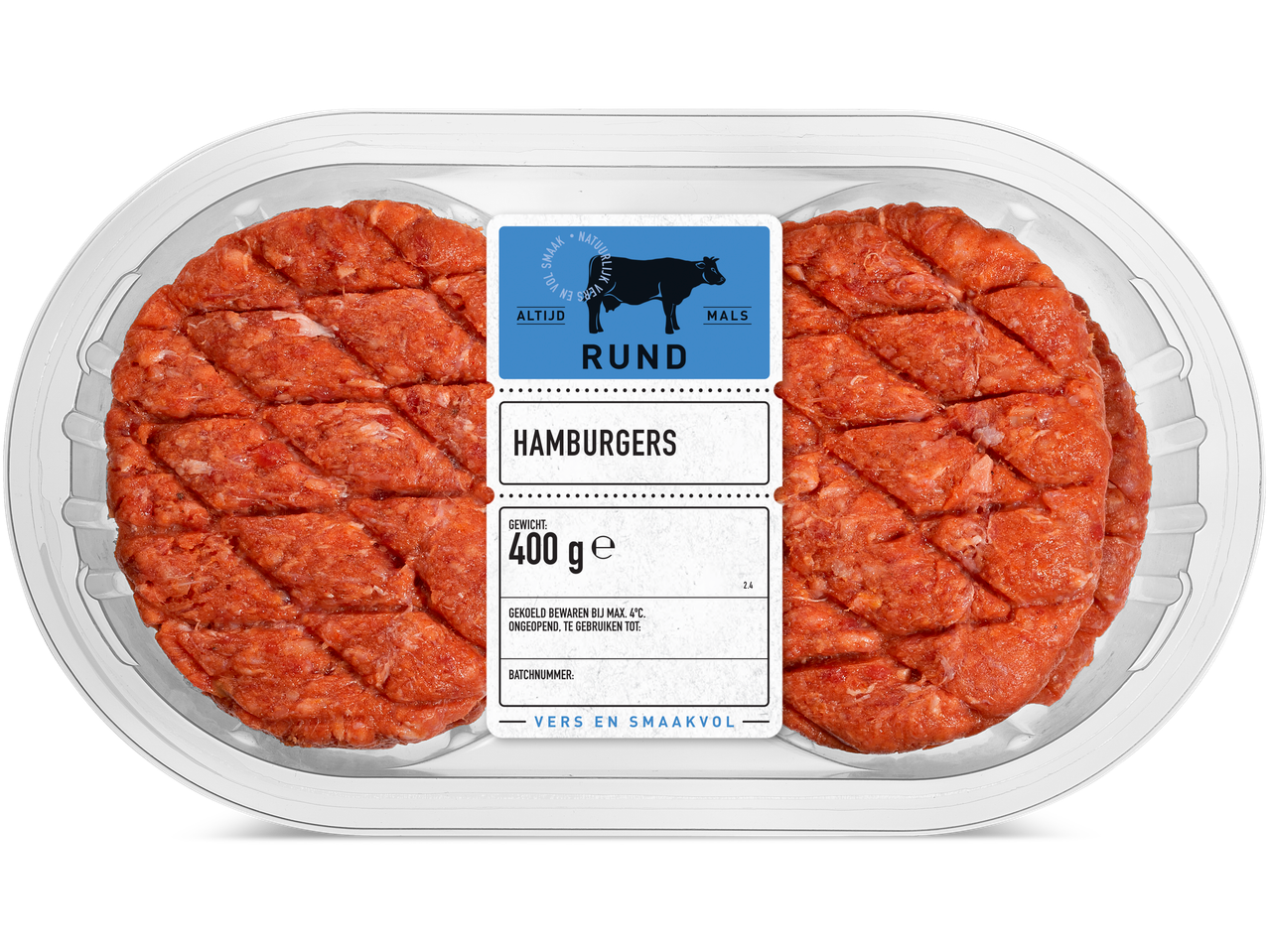 400g rundvleeshamburgers in plastic verpakking.