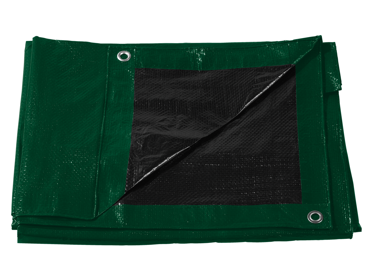 Folded green and black tarpaulin with metal grommets