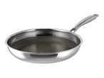 Stainless steel frying pan with a honeycomb non-stick surface and a long handle.