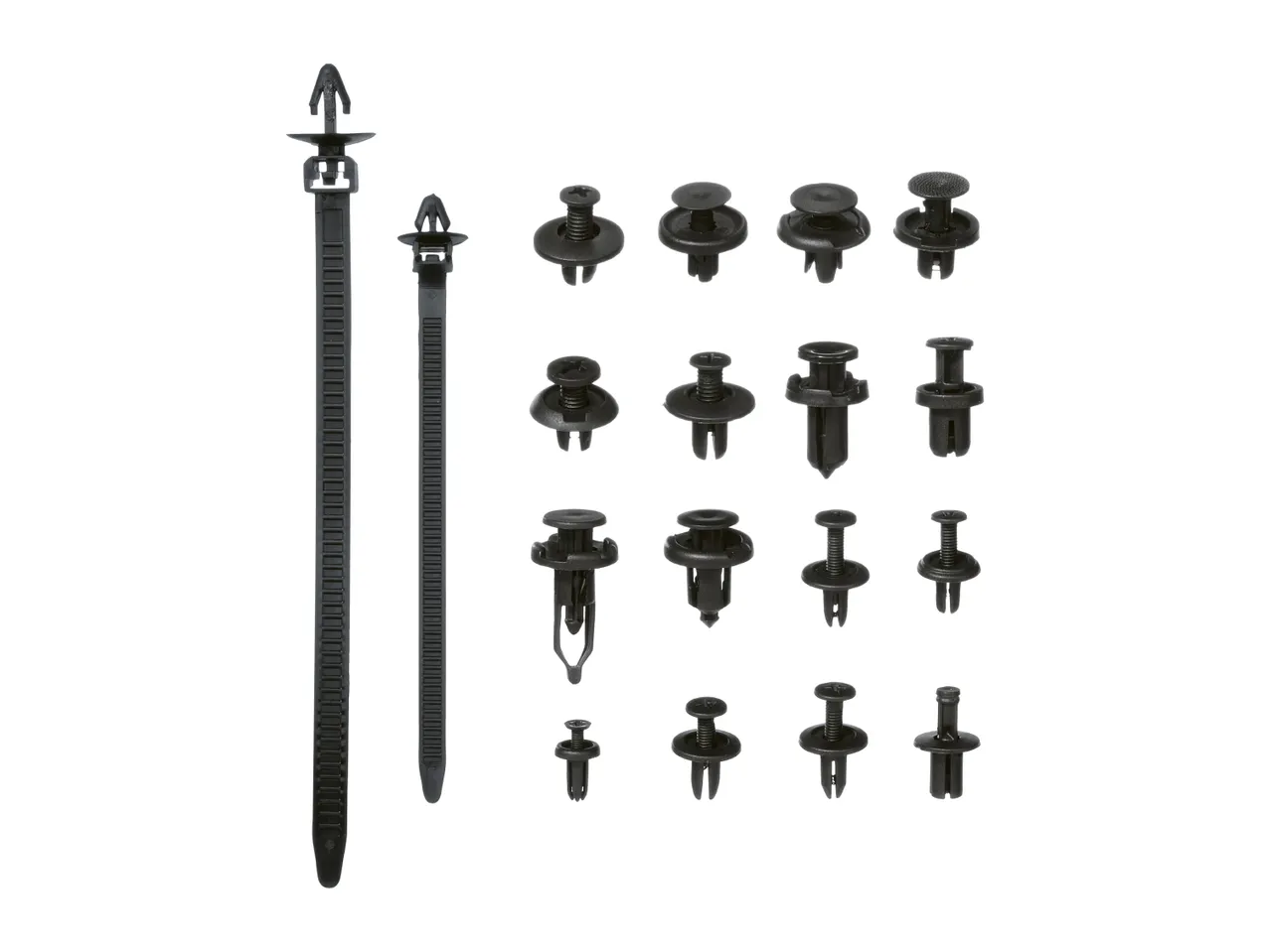 A selection of black plastic car trim clips and cable ties.