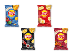 Fire poser chips i forskellige smagsvarianter: paprika, saltet, ketchup og barbecue.