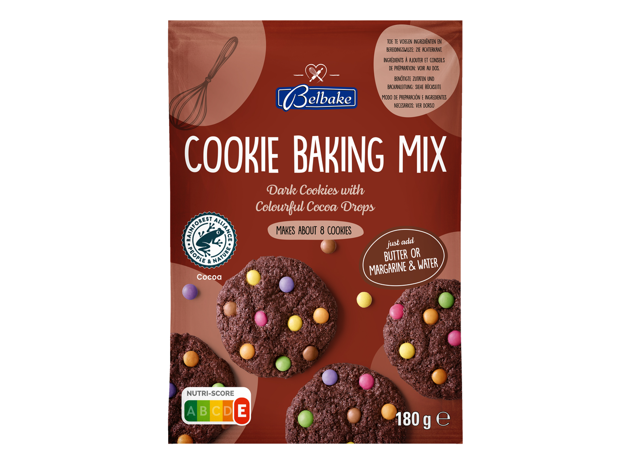Belbake Koekjes Bakmix voor donkere koekjes met kleurrijke cacaodrops, 180g verpakking.