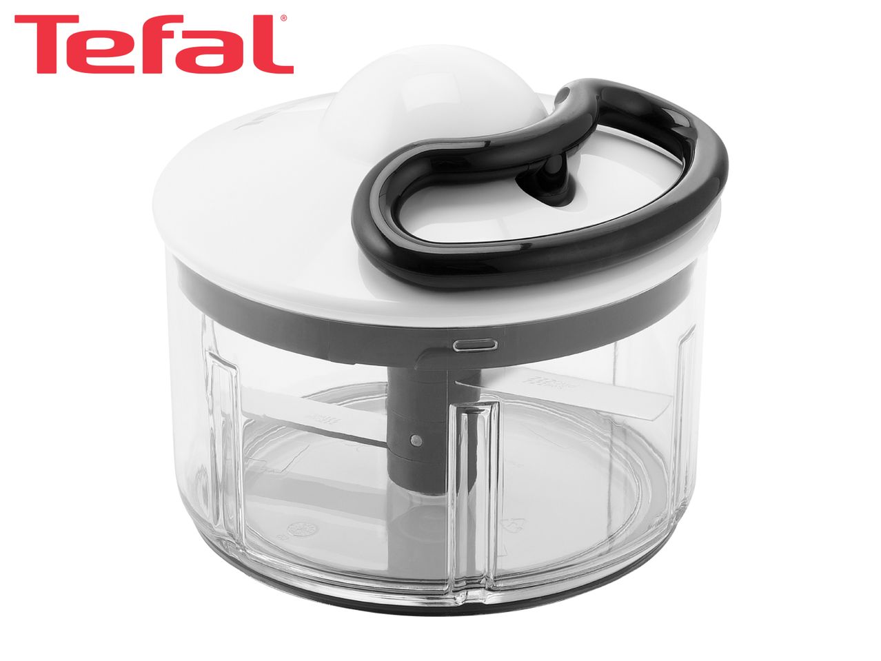 Manual food chopper with a clear bowl, white lid, and black pull handle.