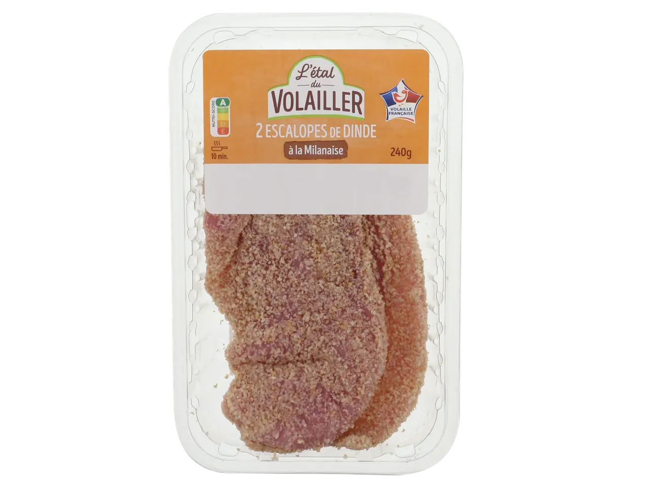 Deux escalopes de dinde à la milanaise, 240g, avec Nutri-Score A et logo Volaille Frenche.