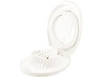 A white plastic egg slicer with a circular blade and a base for holding eggs.