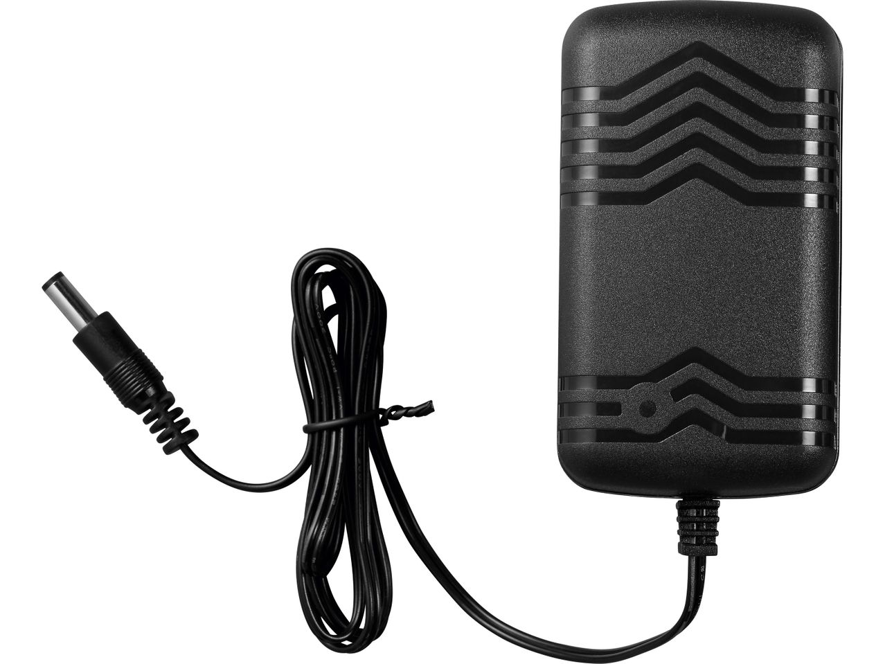 Black power adapter with a DC barrel connector and coiled cable.