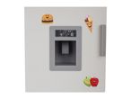White refrigerator with a water dispenser, displaying temperatures 4°C and -18°C, adorned with cartoon magnets of a burger, ice cream, and apples.