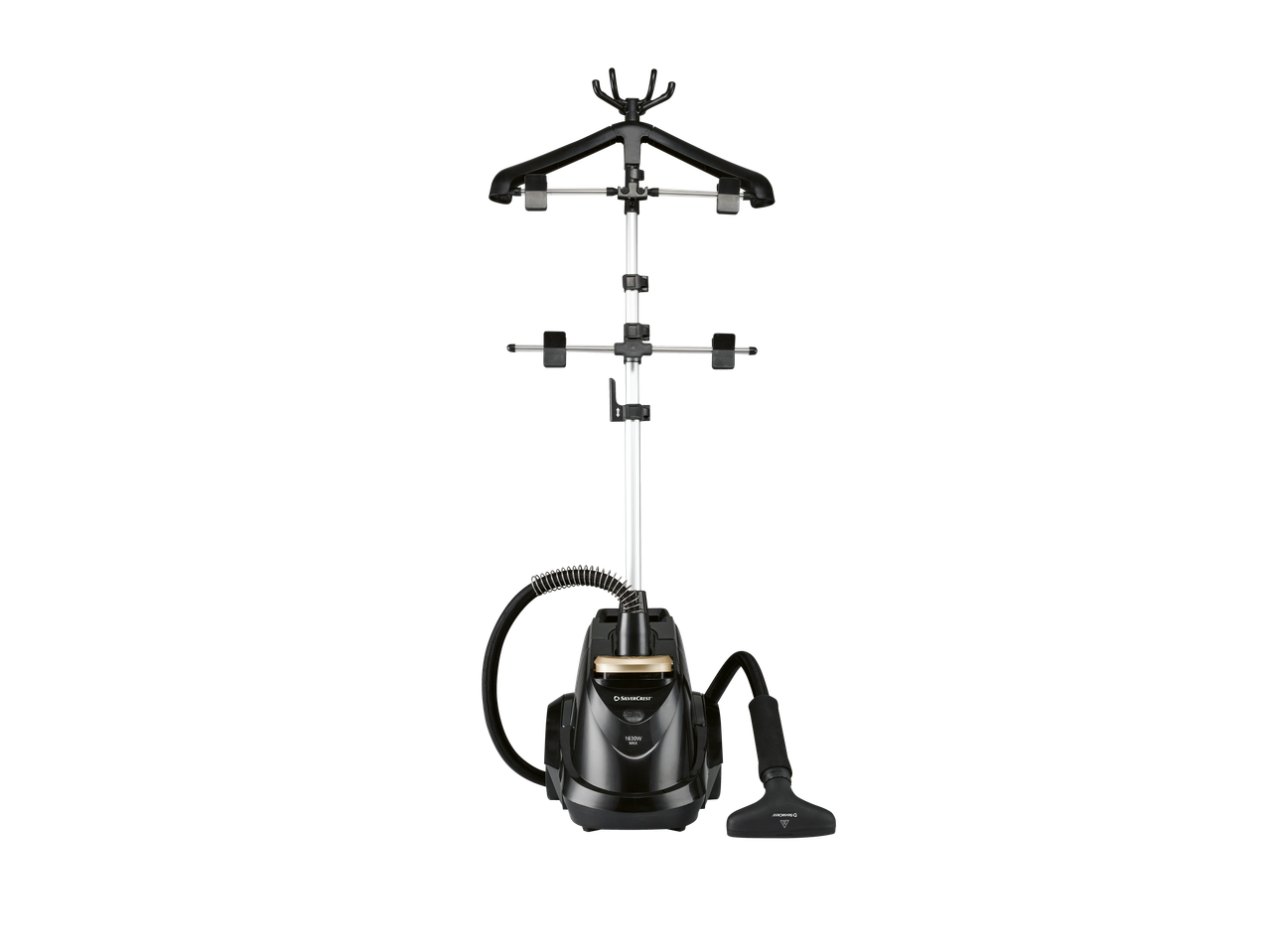 Vaporizador de roupa SILVERCREST preto com cabide e acessórios.