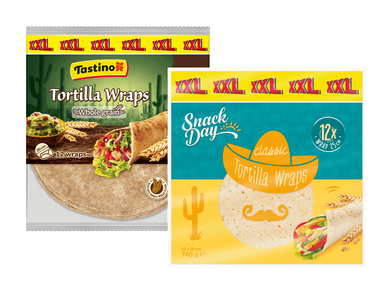 Zwei Packungen Tastino Tortilla Wraps, eine Vollkorn- und eine klassische Variante.