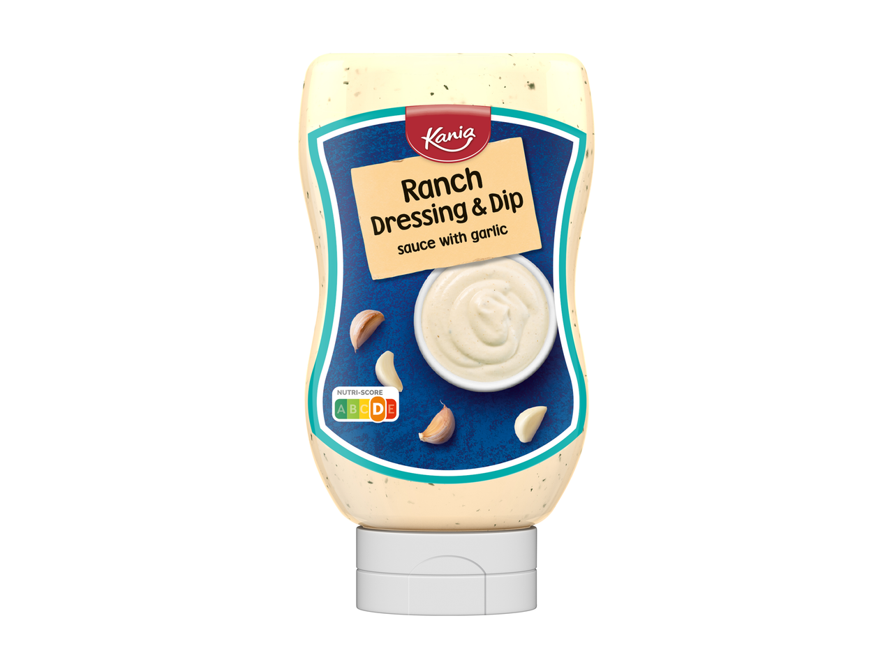 Kania Ranch Dressing & Dip met knoflooksmaak in een witte knijpfles.