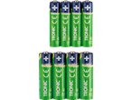 Tio laddningsbara TRONIC AA-batterier, gröna med blå detaljer.