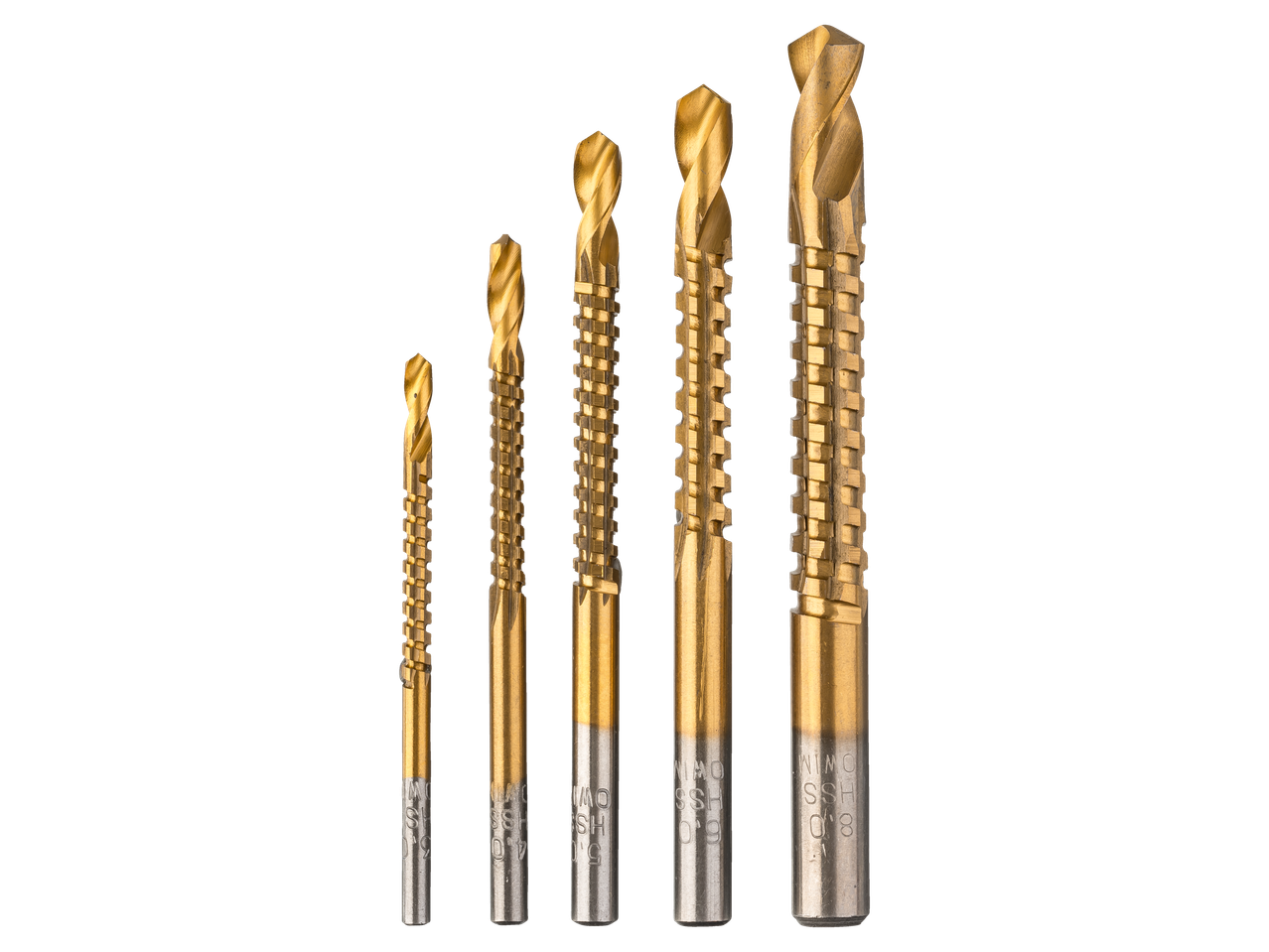 Four WIMO SSH gold-colored drill bits of varying sizes.