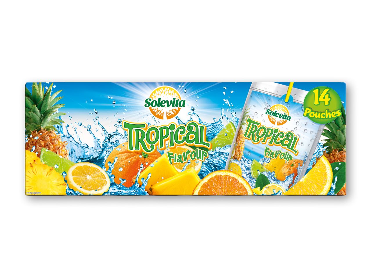 Pakke med 14 tropiske frugtdrikke med ananas, appelsin og citron i vandstænk.