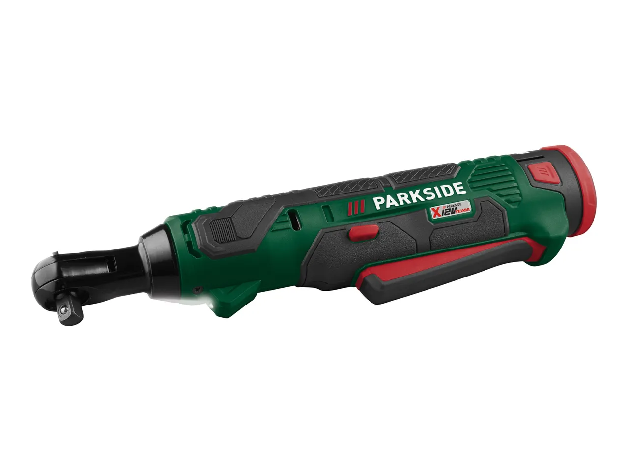 A green and black Parkside X 12V Team cordless ratchet wrench with red accents.