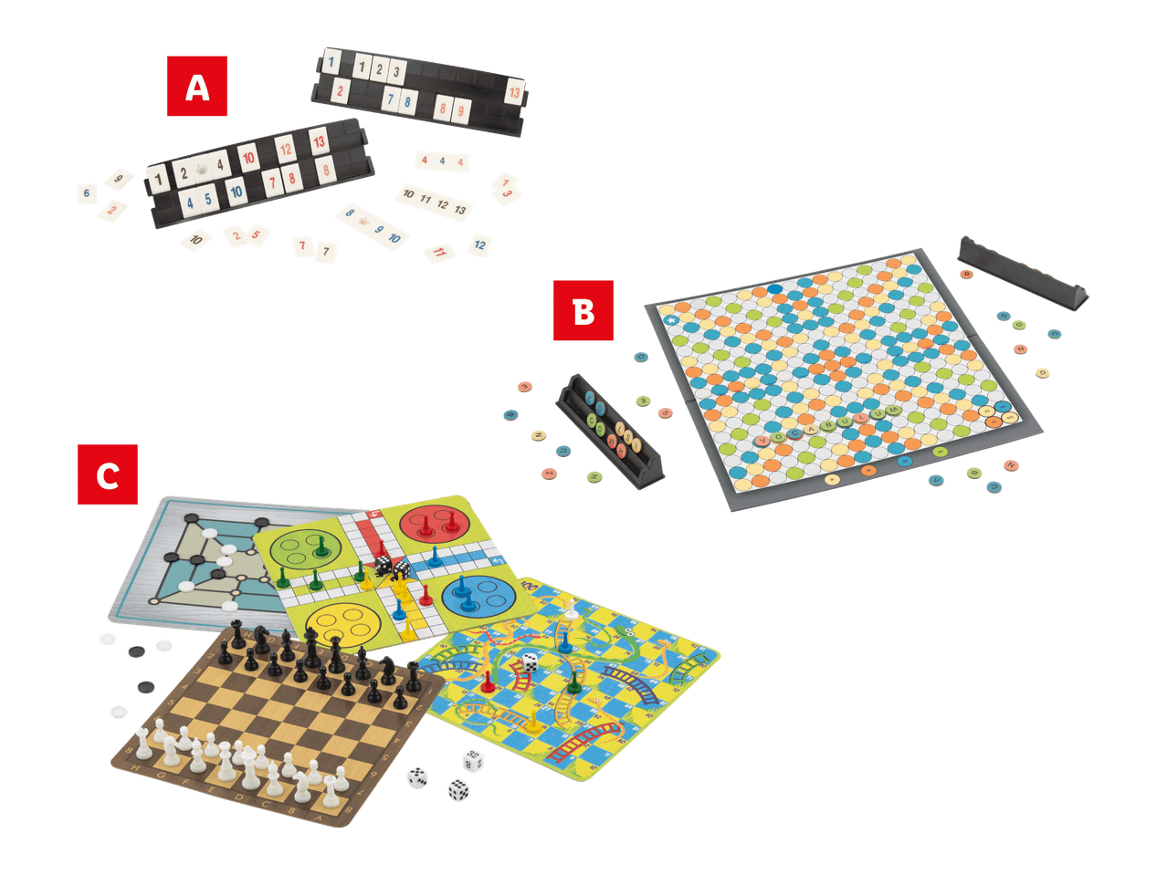 Valikoima lautapelejä, mukaan lukien Rummikub, Scrabble, shakki, Ludo ja Käärmeet ja tikkaat.