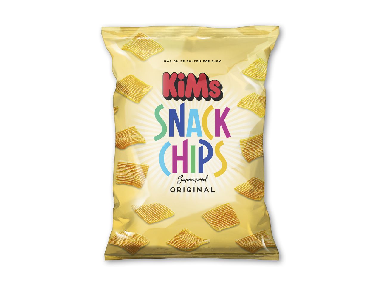 Gul pose med sprøde snackchips og teksten 'SNACK CHIPS ORIGINAL'.