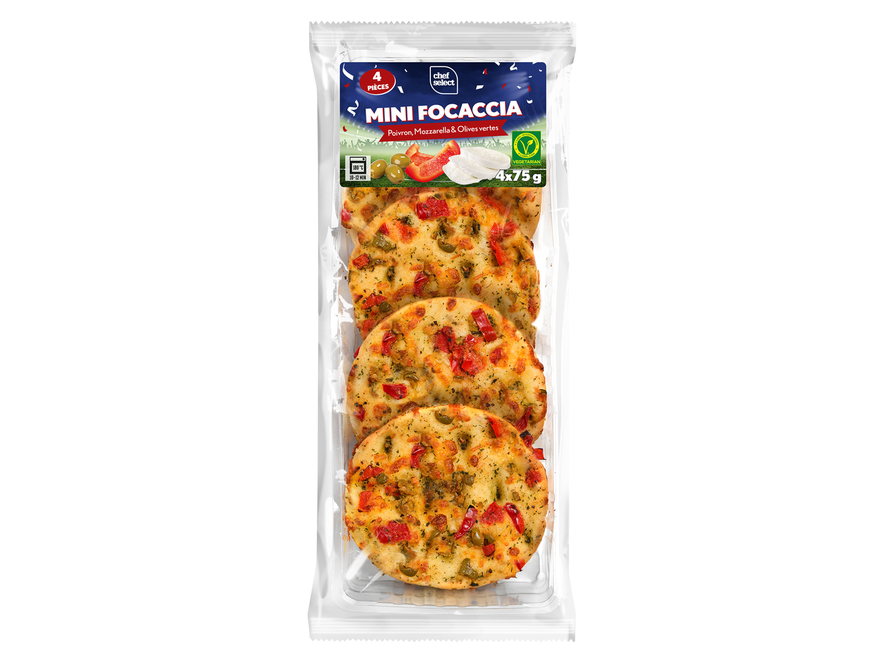 Mini focaccias aux poivrons, mozzarella et olives vertes, 4 pièces, 4x75g.