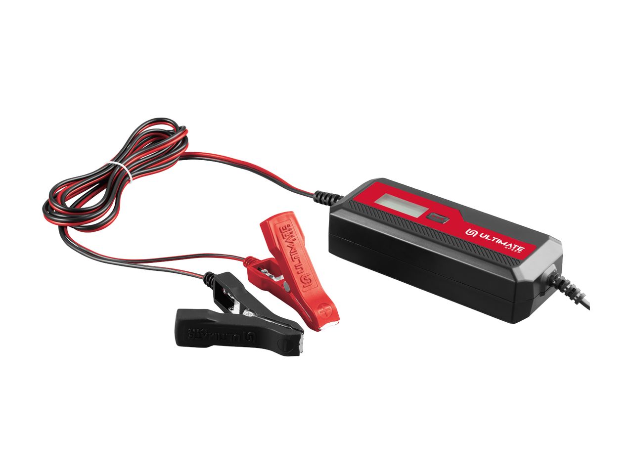 Ultimate Speed battery charger with red and black clamps and coiled wires.
