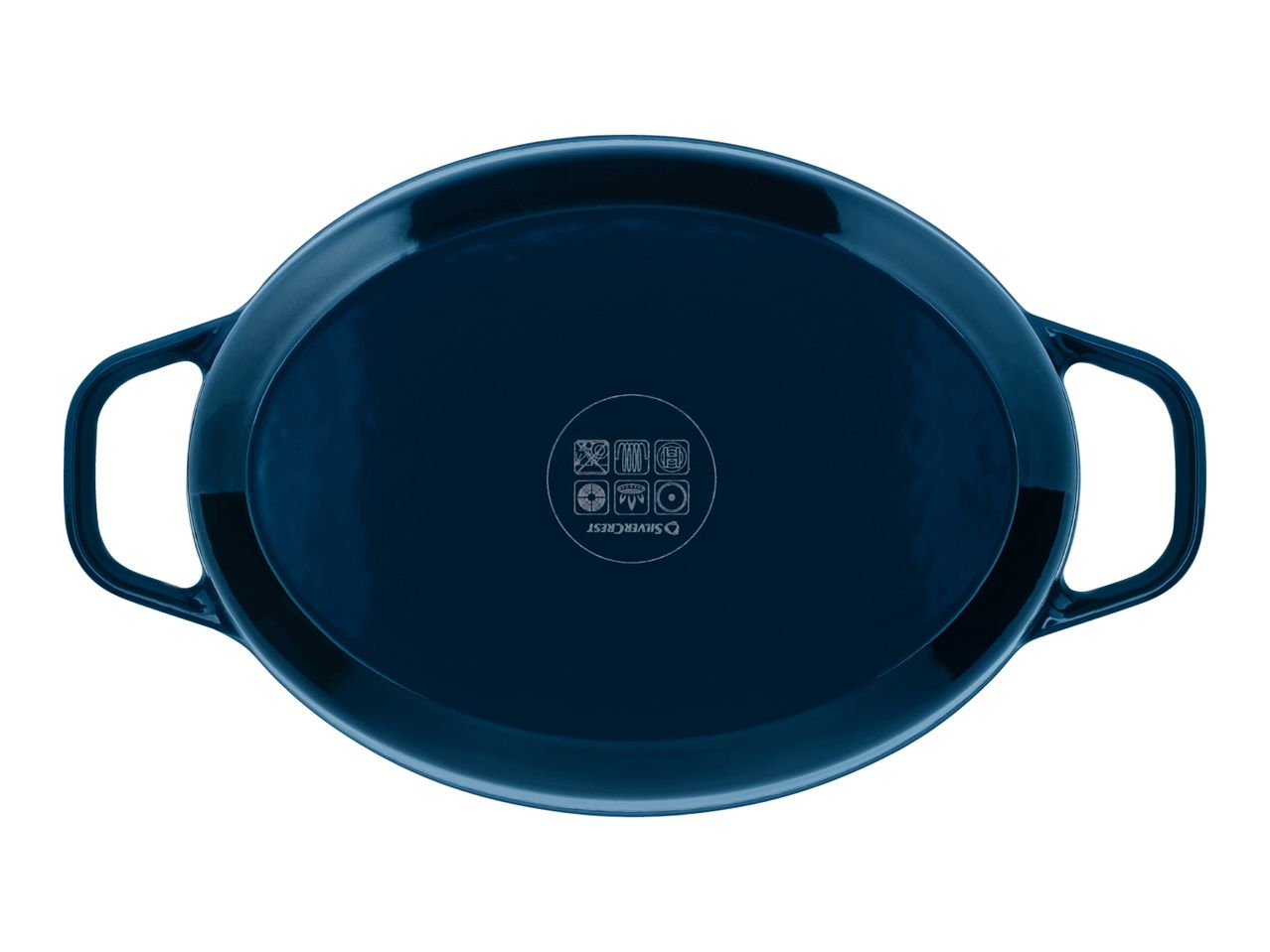 Dark blue oval baking dish with handles, showing the bottom with cooking compatibility symbols.