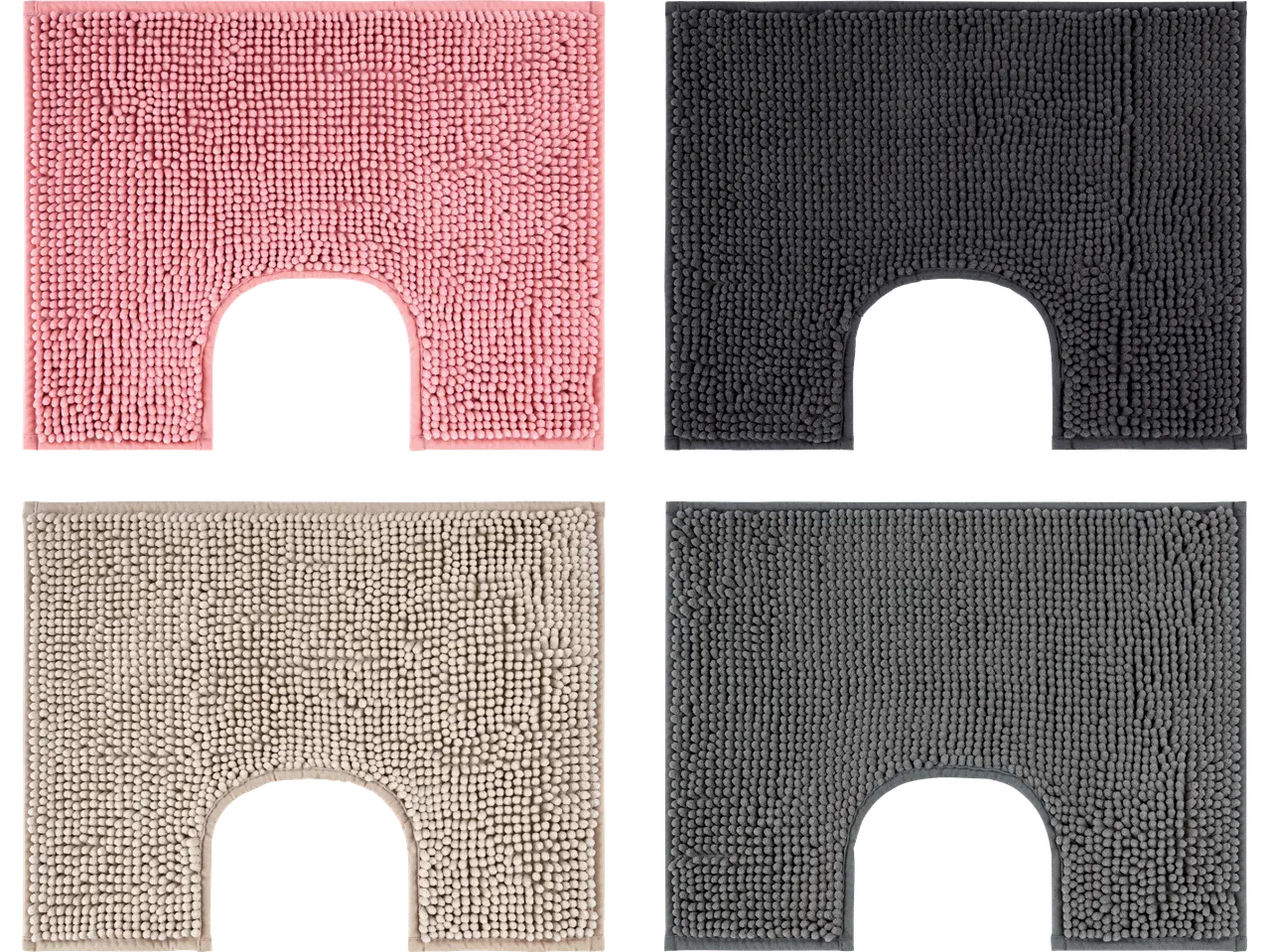 Fyra badrumsmattor i olika färger: rosa, grå, beige och mörkgrå.