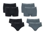 Sæt med herreundertøj: boxershorts og trusser i sort og grå.