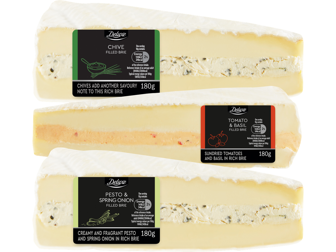 Tre fyllda brieostar: gräslök, tomat & basilika och pesto & vårlök, med näringsinformation.