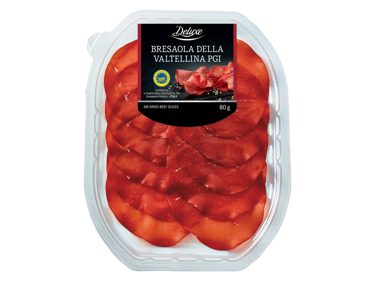 „Deluxe“ Bresaola della Valtellina PGI: kaltētas liellopa gaļas šķēles.
