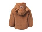 Brown teddy bear hooded fleece jacket for children, seen from the back.