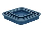 Set of four nested square blue silicone food containers.